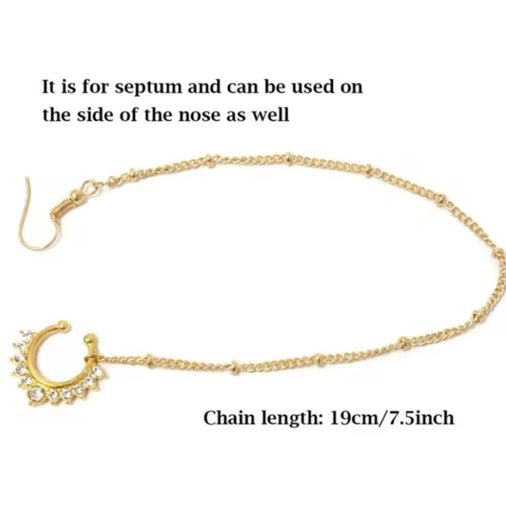 Gold Septum or Side Wall Nose Ring with Attatched Chain and Earring - Picture 4 of 4